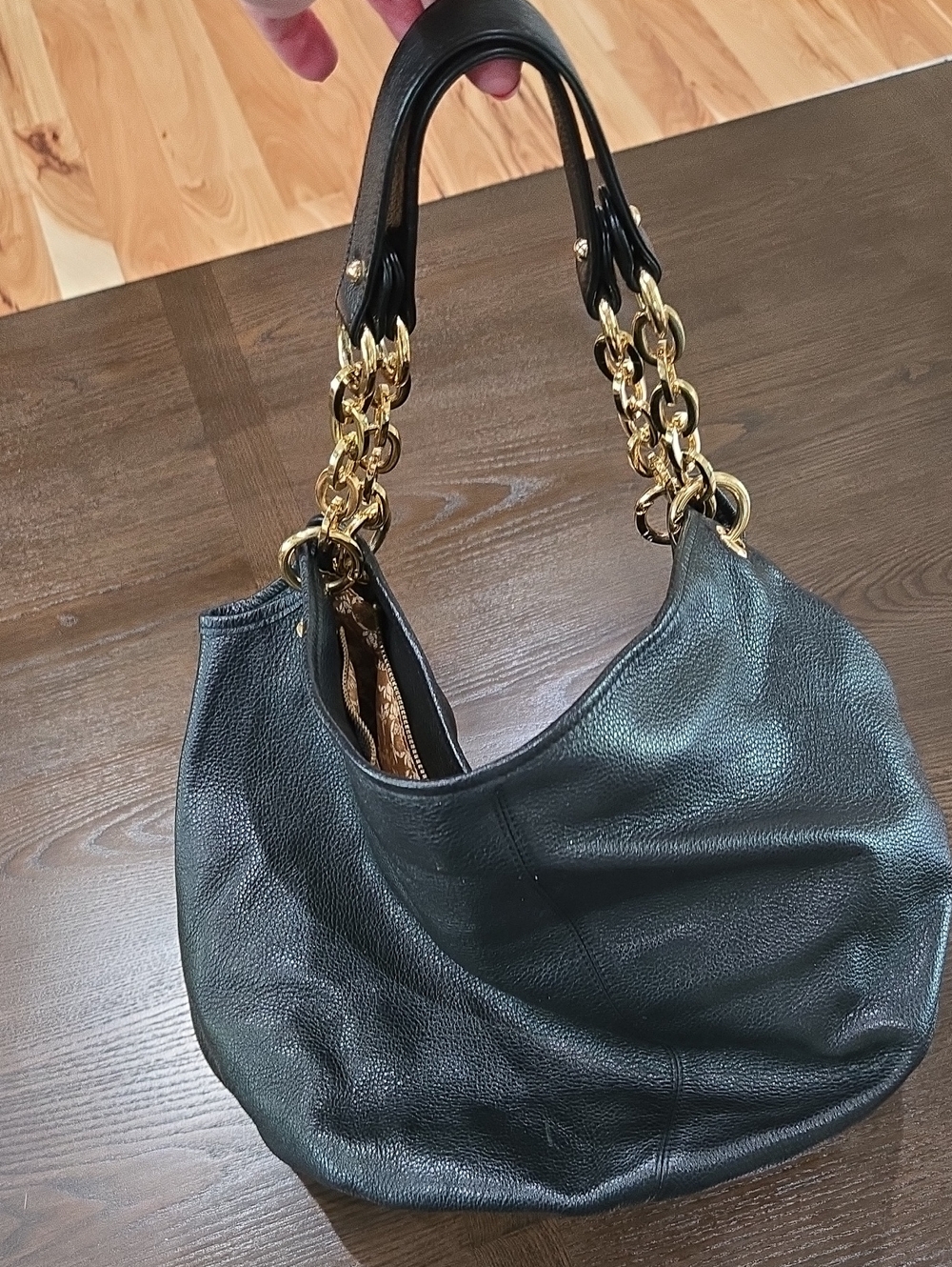 Black Leather Hobo Bag with Gold Chain Handles